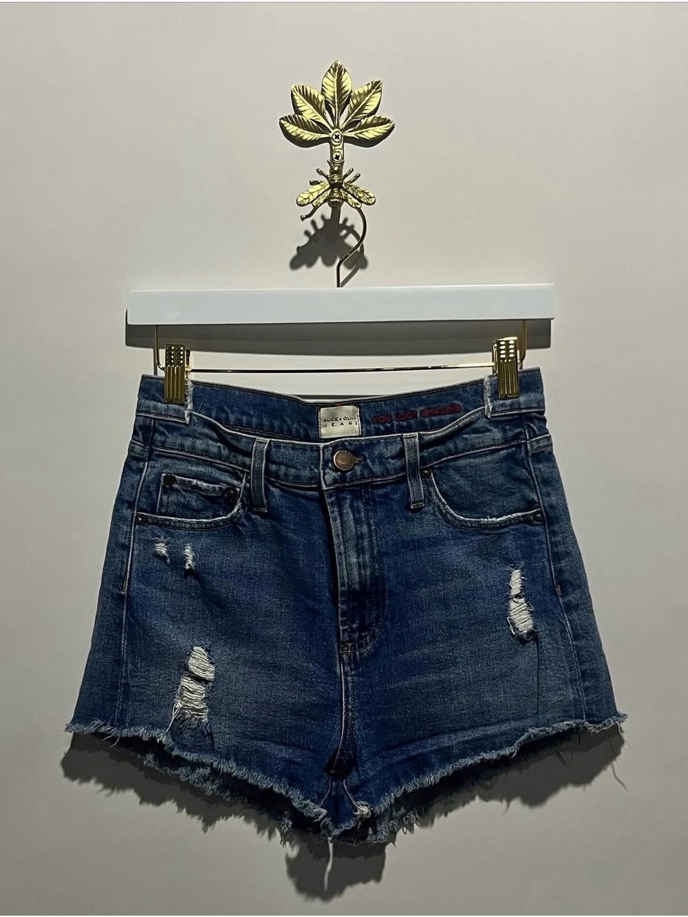 Alice + Olivia Distressed Dark Blue Denim Shorts